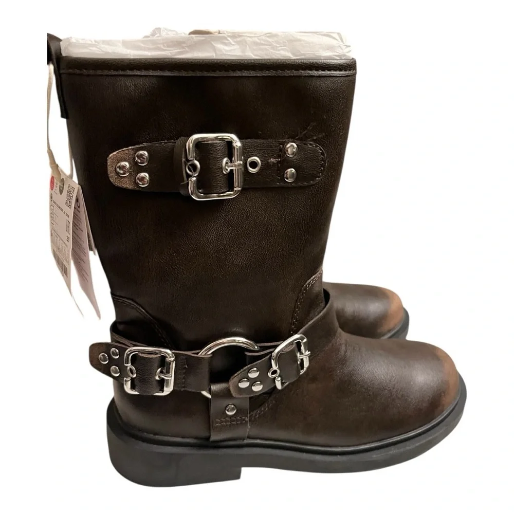 ZARA Girls Brown Buckle Moto‎ Boots | Size 2.5 New With Tags